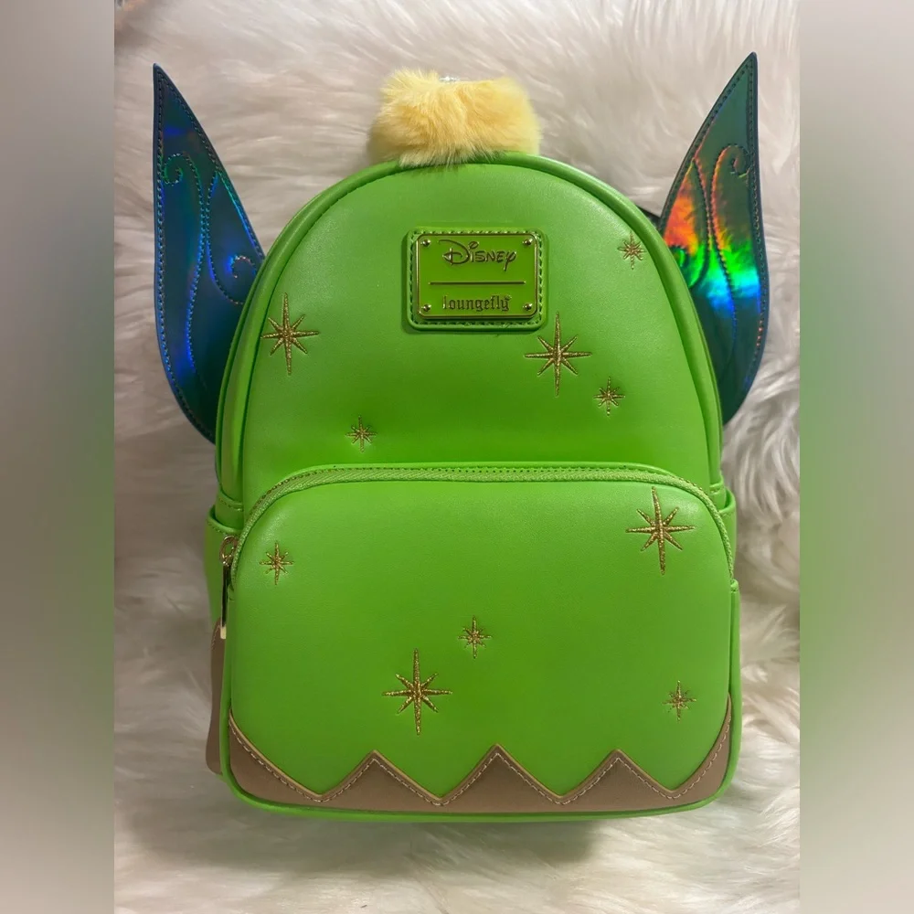 Loungefly Disney Tinkerbell Iridescent Holo Holographic Wings Pom Pom Backpack